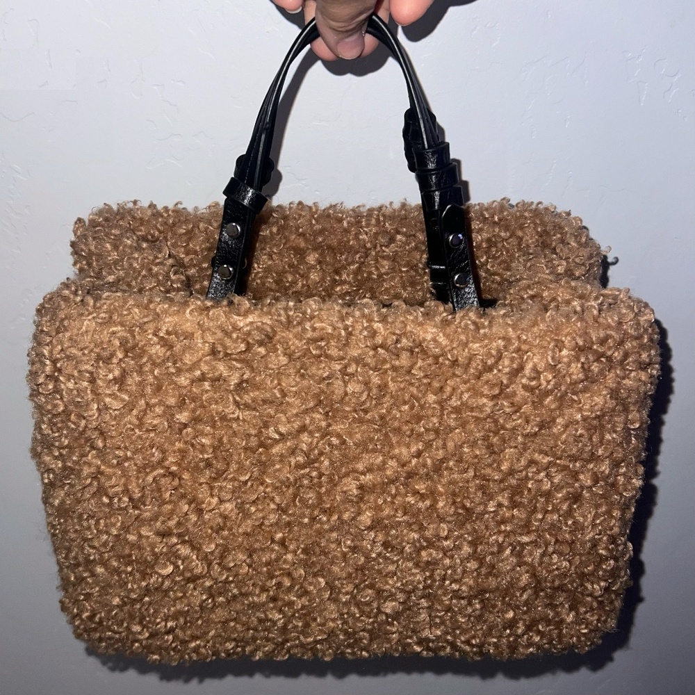 Zara Brown Teddy Faux-Shearling Handbag with Black Handles